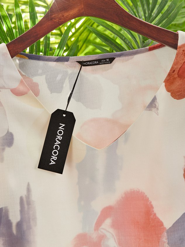 Casual V neck Floral Three Quarter Sleeve Woven Tunic Dress