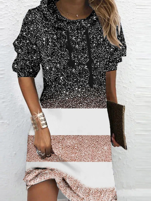 Women Color Block Long Sleeve Comfy Casual Midi Sweashirt Dress
