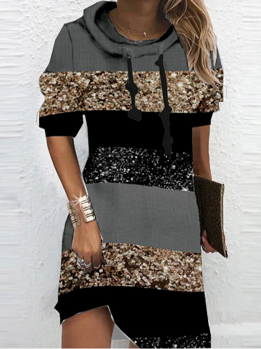 Women Color Block Long Sleeve Comfy Casual Midi Sweashirt Dress