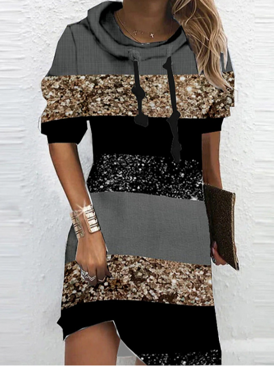 Women Color Block Long Sleeve Comfy Casual Midi Sweashirt Dress